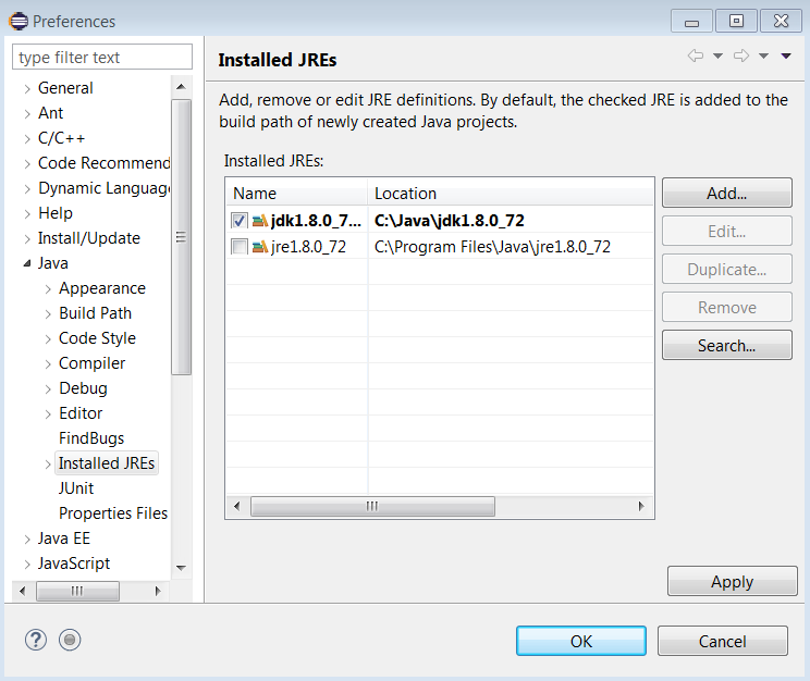 Adição do JDK aos Installed JREs